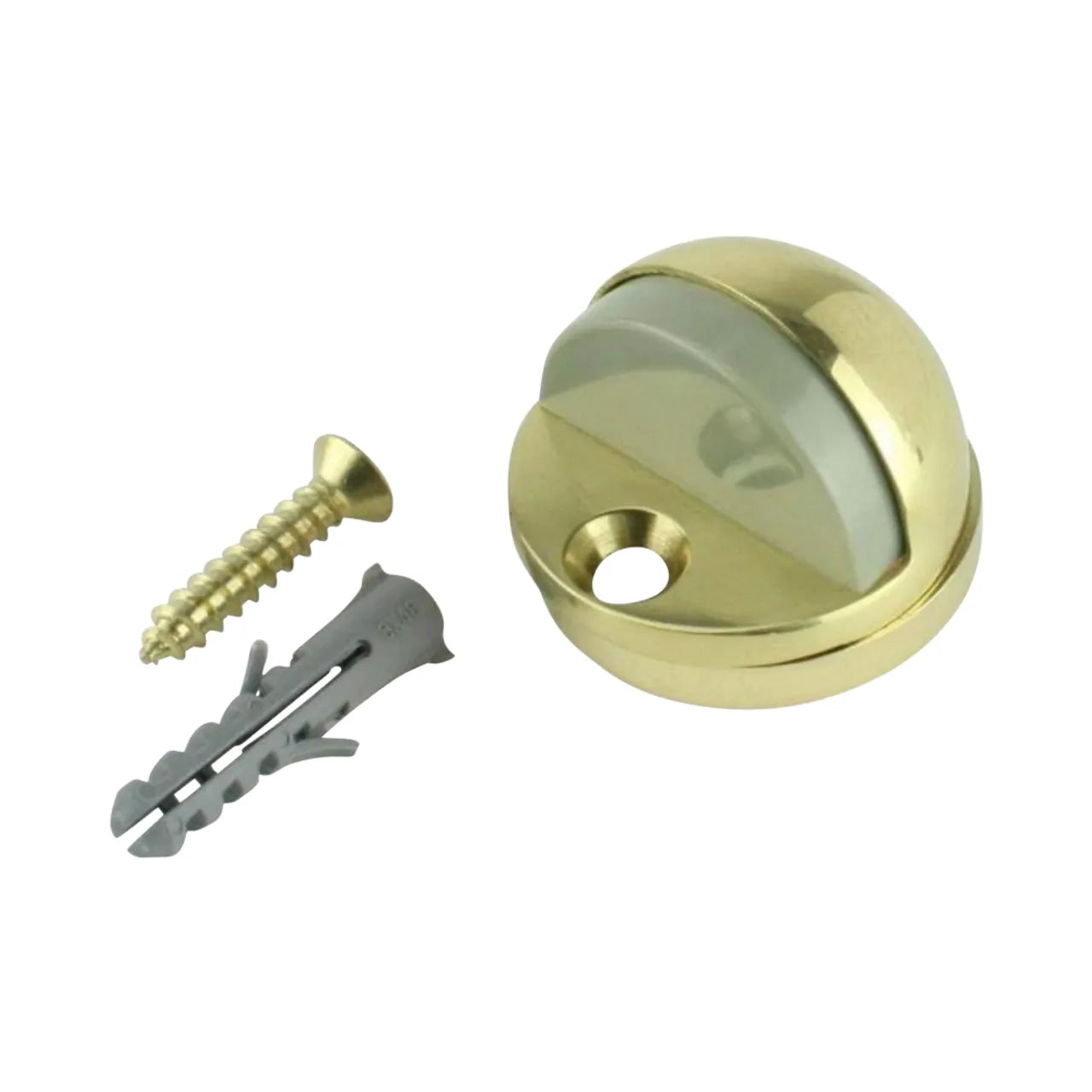 The Go Build Adjustable Floor Door Stop in bright brass features a rubber bumper for wall protection, shown with a gold screw and gray plastic anchor on a white background.